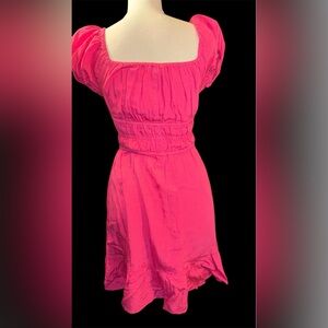 Fuchsia Square-Neck Mini Dress with Smocked Waist